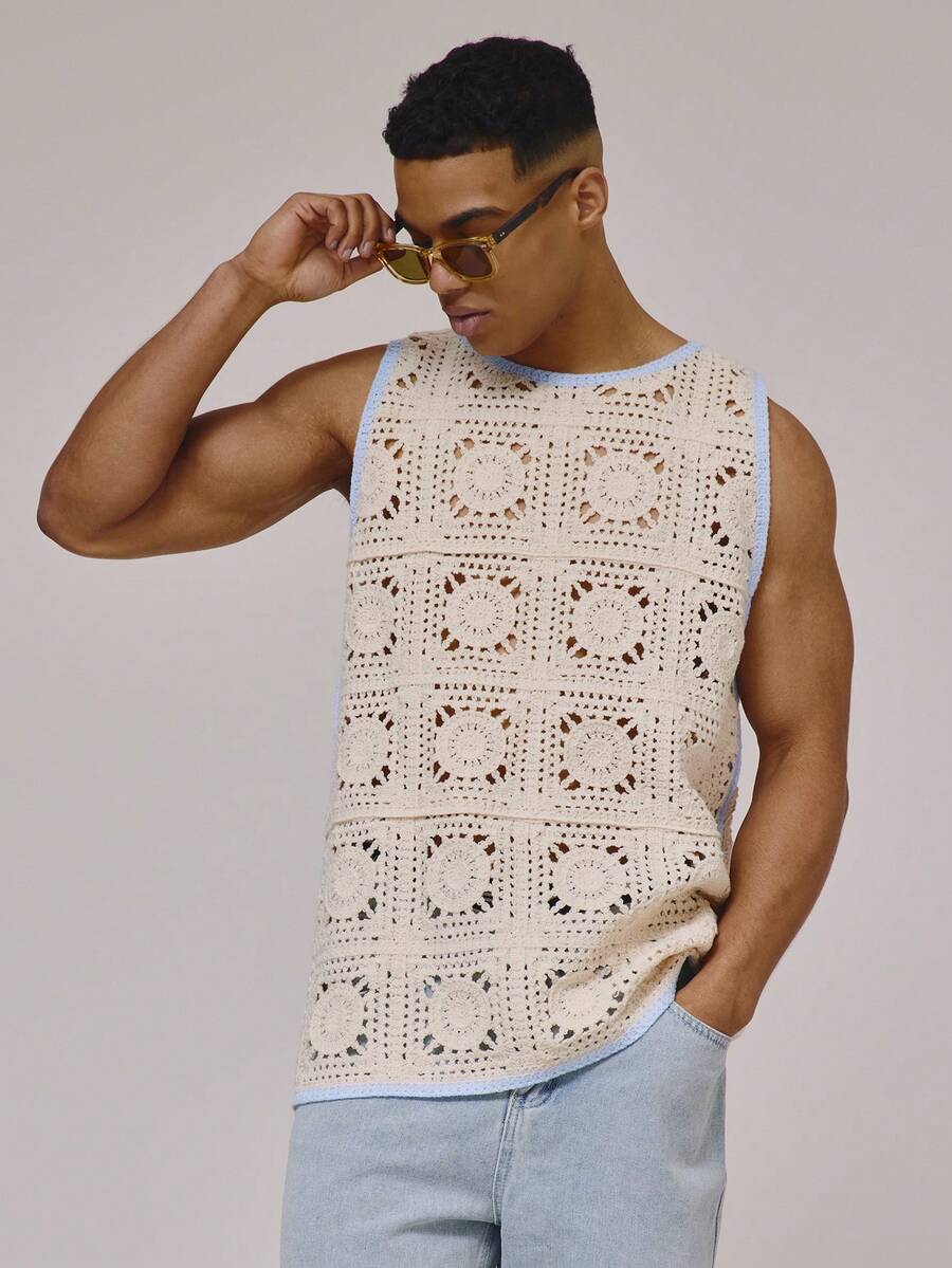 Musero Crochet Contrast Stitch Sleeveless Knit Vest All Over Design Pattern Detailing Tank Top Spring Summer Essentials Holiday Beach - Multicolor - View 1