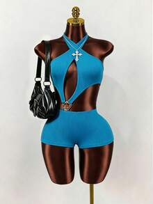 BamGleam Bộ áo liền quần gợi cảm hở lưng cổ yếm thời trang dành cho nữ - Màu xanh lam - Xem 8