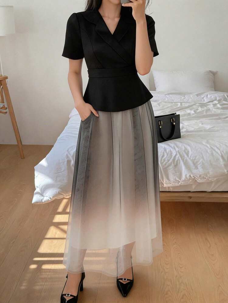 Spring/Summer White Rhinestone Sequin Decor Gradient Mesh Patchwork Waist Elegant Dress, Suitable For Valentine's Day, Wedding, Party, Formal Occasion Business Casual Woman Maxi Dress Sundress
