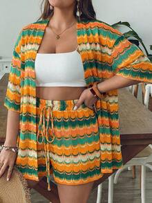 Comfylo 大码女式蓝白条纹针织衫短裤两件套，夏季度假母亲节节日女装，节日两件套/沙滩两件套/度假套装，女式度假两件套/夏季两件套/沙滩和服罩衫，女式沙滩罩衫，波西米亚风和服，女式波西米亚风度假套装，女式罩衫 - 彩色 - 查看 4