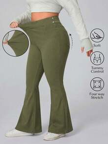 Flexra Plus Size Women's Solid Color Pocket Elastic Waist Casual Flare Jeans, Minimalist Everyday Wear - Green - View 1