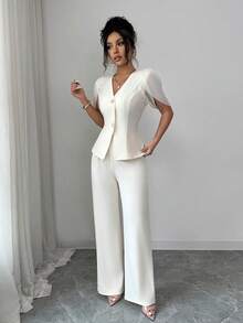 Elenzga 女士优雅两件套，柔软舒适的浅杏色针织面料，搭配同色雪纺泡泡袖设计，知性优雅，适合派对、通勤、工作或旅行，是女士衣橱中必备的单品。 - 杏色 - 查看 6