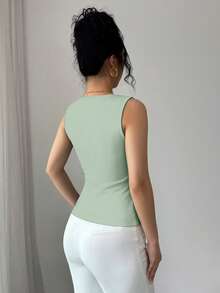 SHEIN Elenzya Atasan Kasual Wanita Polos dengan Dekorasi Logam dan Desain Belahan, Pas Badan. - Mint Green - View 2