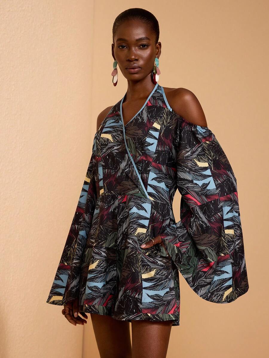 JIAN LASALA Mono holgado con estampado todo sobre, hombros descubiertos, mangas acampanadas y cuello halter - Multicolor - Ver 1