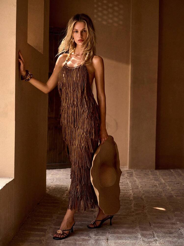 BEADED DECOR TASSELED SHEER VACATION COVER UP DRESS