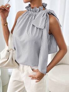 SHEIN LUNE Blouse sans manches à col à volants et nœud papillon à rayures grises pour femmes, top élégant d'été pour tea party à la française, brunch et tenue décontractée chic, nouveau modèle à col licou - Gris - Voir 5