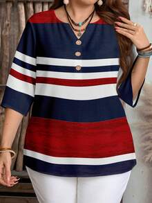 EMERY ROSE Casual Minimalist Vintage Coin Style Nautical Red Blue White Striped Placement Print 3/4 Sleeve Shirt For Women, Suitable For Spring & Summer - Multicolor - View 4