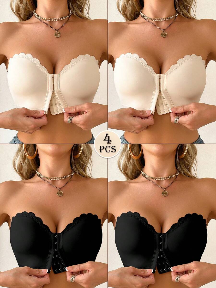 SHEIN Set de 4 sujetadores de mujer con cierre delantero, con volantes y acolchados, de estilo push-up y de colores variados - Multicolor - View 1