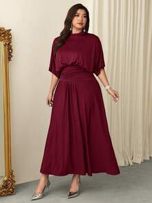 Firerie Plus Size Burgundy Elegant Formal Winter Dress For Women,Waist Ruched Stand Collar Elastic Flared Hem Comfortable Casual Vacation Versatile Daily Wear - Burgundy - View 3