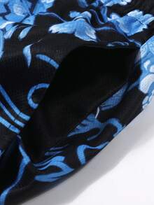 ROMWE MEN Anime Men's Summer Fashionable Street Dragon & Sakura Print Drawstring Waist Shorts - Black - View 5