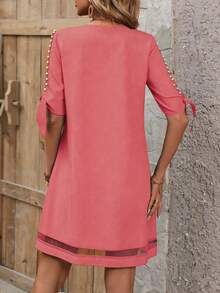 SHEIN Clasi Elegant Solid Color Hollow-Out Short Sleeve Beaded Decor Summer Dress - Coral Pink - View 2