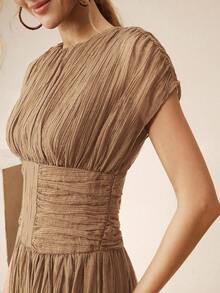 Anewsta Elegant Modern Textured Waist Ruched Dress For Women - Khaki - View 1