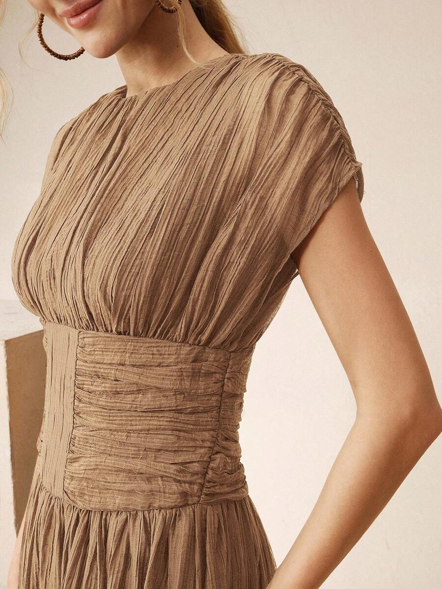 Anewsta Elegant Modern Textured Waist Ruched Dress For Women - Khaki - View 1
