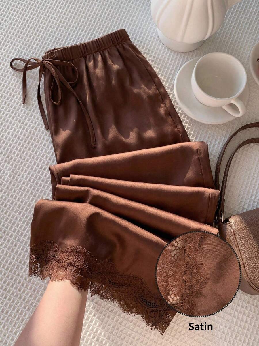 SHEIN EZwear Quần ống rộng màu nâu dệt kim dành cho nữ - Cà phê nâu - Xem 1