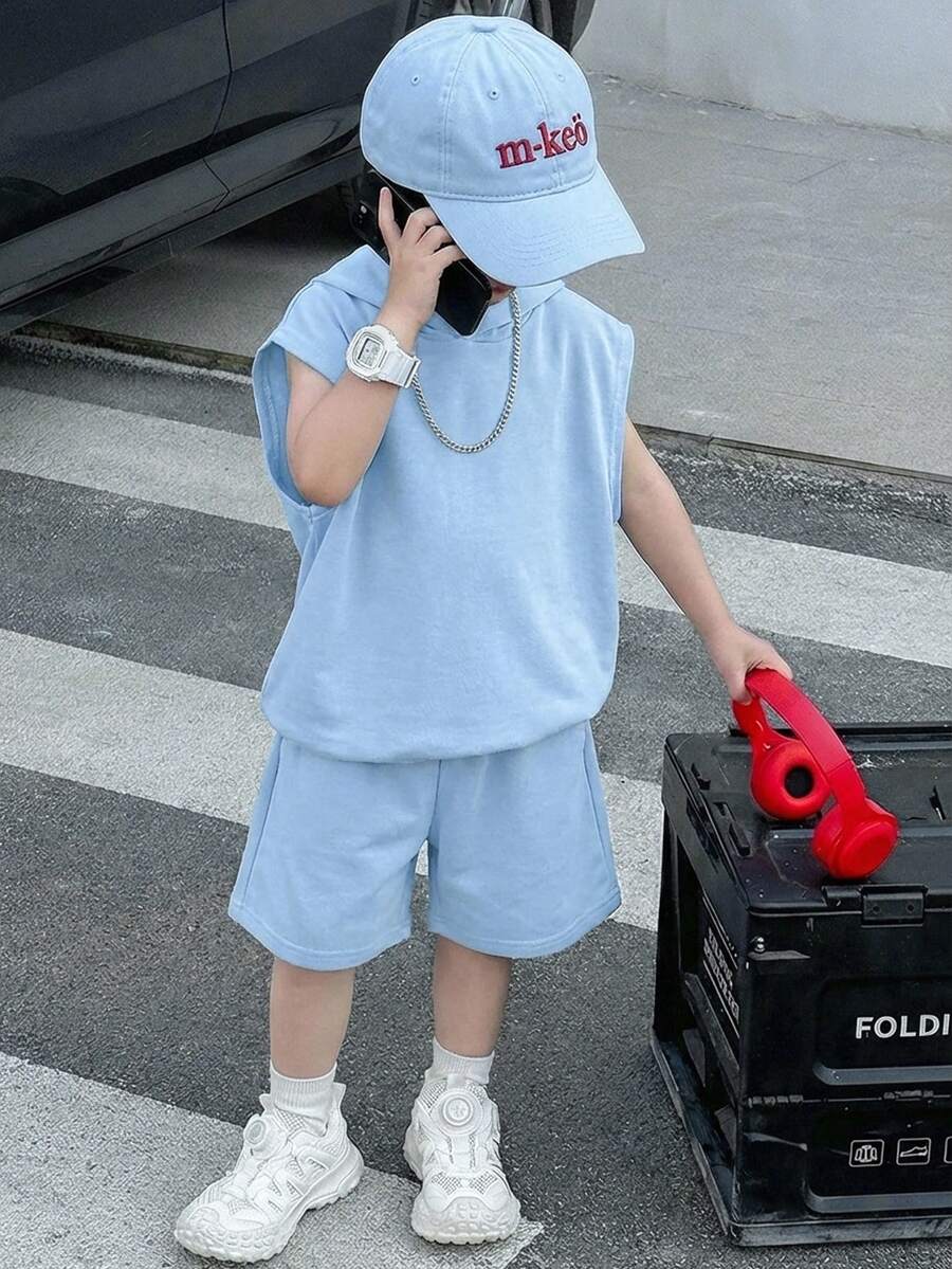 两件套儿童男童休闲舒适连帽短袖宽松纯色T恤和短裤套装 - 淺藍色 - 查看 1
