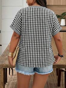 Weeklong 大码女式V领格子拼接休闲衬衫，春夏款 - 黑色 - 查看 2