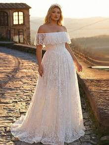 Glamrae Plus Size Elegant White Spring Wedding Dress Lace Off Shoulder Ruffle Sleeve Basque Waist Puff Bridal Gown For Women Weddings And Events Wedding - White - View 8