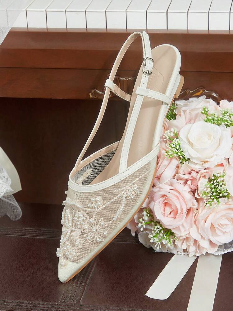 CUCCOO HITCHD Women Shoes Spring And Summer New Women's Flat Shoes Elegant Temperament Mesh Handmade Beads Pointed Low Heel 3cm Retro Style Solid Color Wedding Shoes Banquet Daily Commute Versatile Fashion