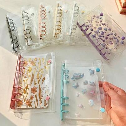 1个A6透明多色活页夹，透明文件袋，双扣设计，可收纳精美相册、透明贴纸簿、活页夹、贴纸簿，省钱，文具用品，照片收纳袋，笔记本，贴纸簿，办公用品，学习用品