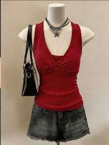 Women's Solid Color Backless Chain Decor Sexy Versatile Blouse For Dates & Outings - Red - View 7