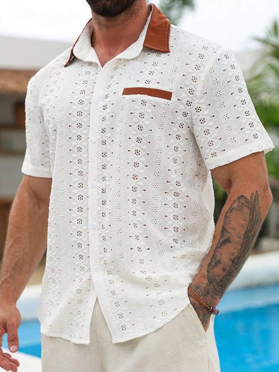 VENTUSAIL Men's Textured Jacquard Splice Apricot Shirt - Apricot - View 1