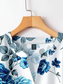 EMERY ROSE Plus Size Floral Print Shirt And Pants 2 Pieces Set Fall - Blue - View 5