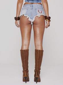 MUSERA 低腰修身毛边做旧牛仔短裤，春夏节日性感伊比沙岛度假风，Y2K牛仔女郎解构主义风格 - 中等水洗藍 - 查看 4