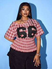 Maweii Blusa casual con cuello asimétrico, estampado de letras y estilo a cuadros Y2K elegante para tallas grandes - Burdeos - Ver 4