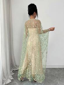 SHEIN Raffinéa 优雅刺绣花卉饰边抹胸连衣裙搭配薄纱罩衫，展现曼妙身姿，两件套设计，适合春夏派对和聚会穿着。 - 黃色 - 查看 3