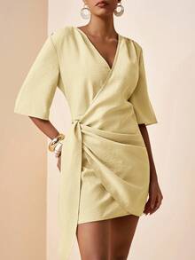 Zivah Pale Yellow Summer Elegant Tea Party Brunch Women's V-Neck Wrap Side Tie 5/8 Sleeve Mini Linen Dress, Casual Wedding Guest Office Wear - Light Yellow - View 4