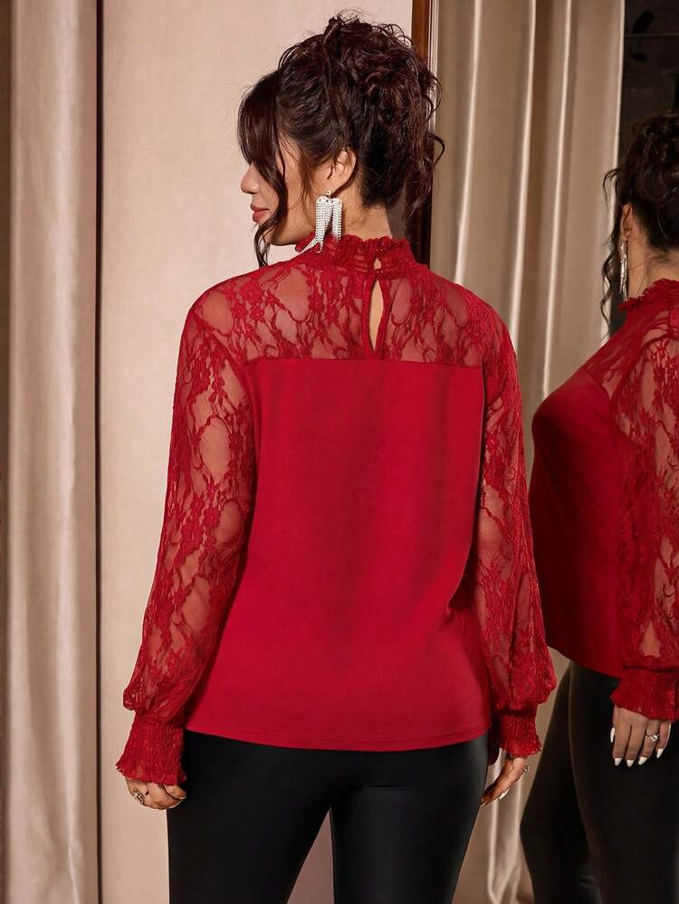 Cravure Plus Size Women Lace Patchwork Blouse, Mock Neck Sheer Lantern Sleeve Fitted Top, Red Camisole Suitable For Evening Party, Date, Daily Wear, Sexy & Slimming Undershirt, Spring/Summer - Red - View 2