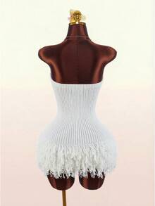 Amplova 无袖流苏抹胸休闲度假修身钩针性感针织舒适派对连衣裙 - 杏色 - 查看 8