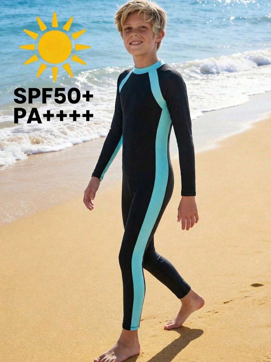 SHEIN 儿童/青少年男童休闲运动黑色连体泳衣短裤潜水服套装，适合春夏季节、约会、旅行、度假、家庭聚会、返校、婚礼、正式活动、运动、生日派对、海滩、游泳、冲浪等场合。