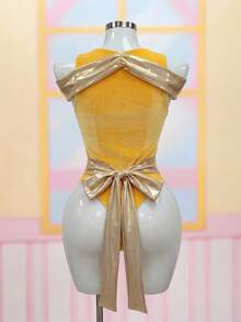 Fantasy Costume Fantasy Costume Women's Patchwork Color Ruched 3D Floral Decor Sexy Jumpsuit - Yellow - View 2