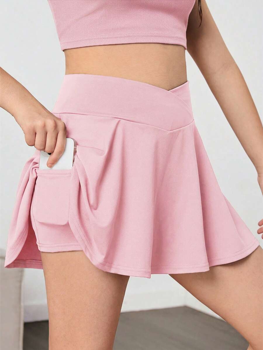 SHEIN Teen Girl Solid Color Knit Shorts With Anti-Flashing Pocket, V-Waist Casual Sports Skirt - Pink - View 1