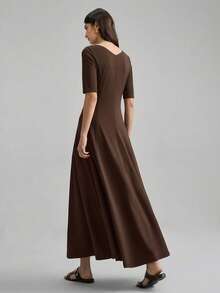Ontre Women's Dark Brown Elegant Maxi Dress,Solid Color Elastic Fabric Waist Cinched A-Line Silhouette,Autumn Long Sleeve Brunch Casual Office Wear Dress - Brown - View 4