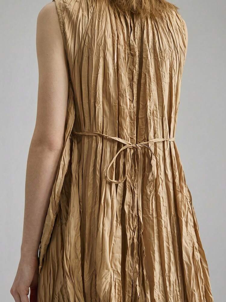 Khaki Women's Long Dress,Autumn Elegant Tea Party A-Line Sleeveless With Waist Tie,Pleated Fabric Casual Urban Office Wear,Bohemian Beach Resort Style