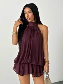 SHEIN PETITE 女士雪纺优雅棕色吊带系带迷你连衣裙，适合约会、夜间外出、夏季穿着，也可作为蜜月旅行或婚礼宾客礼服。此外，它还适合海岛度假、参加婚礼、夏季穿着，以及作为优雅的派对或生日礼服。 - 巧克力棕 - 查看 6