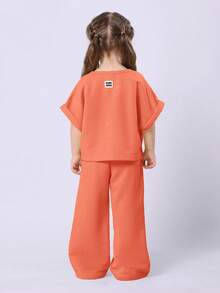 Girls Happy Days Turn Back Wide Leg T-Shirt Set With Text Print And Matching Pants - Coral Pink - View 2