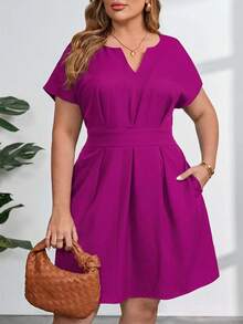 SHEIN Clasi 大码纯色V领系带优雅夏季连衣裙 - 中紫紅色 - 查看 6