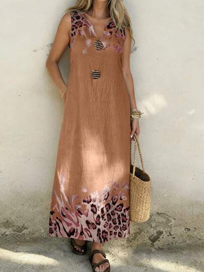 Weeklong Đầm chữ A không tay cổ chữ V in họa tiết, đính cúc, cỡ lớn dành cho nữ, thích hợp cho kỳ nghỉ và mặc hàng ngày, mùa xuân/hè.