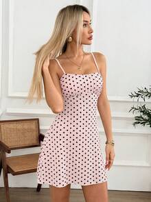 Easowa Damen Polka Dot Casual Minimalist Urlaubs Mini Slip Kleid - Pink - Übersicht 3