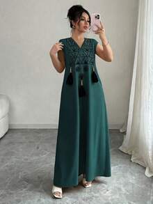 Rafferiza Vestido recto holgado con cuello en V, decoración con flecos y estampado gráfico bordado para mujer, ideal para vacaciones - lago azul - Ver 6