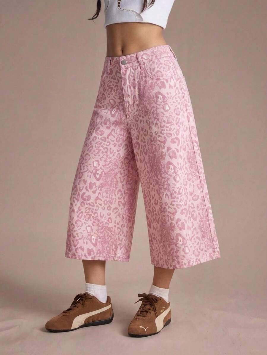 Easelle Quần lửng nữ kiểu dáng thường ngày, túi xéo, họa tiết da báo hồng, thích hợp cho các buổi hòa nhạc đồng quê, rộng rãi và thoải mái. - Hồng - Xem 1