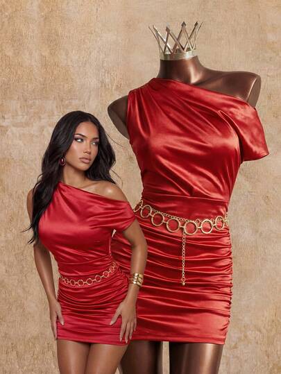 Elin Vora Asymmetrical Neck Ruched Satin Bodycon Dress For New Year Holiday Party Clothes