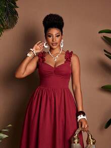 Maweii Rochie elegantă pentru femei, mărime mare, fustă lejeră, linie A, potrivită pentru plajă, vacanță, ieșiri în oraș, roșu vin - Burgundia - Vizualizare 3
