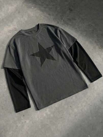 Manfinity Unisex Áo thun nam dài tay dáng rộng, size tiêu chuẩn, màu xám phối họa tiết in màu tương phản, thích hợp cho mùa xuân/thu/hè.