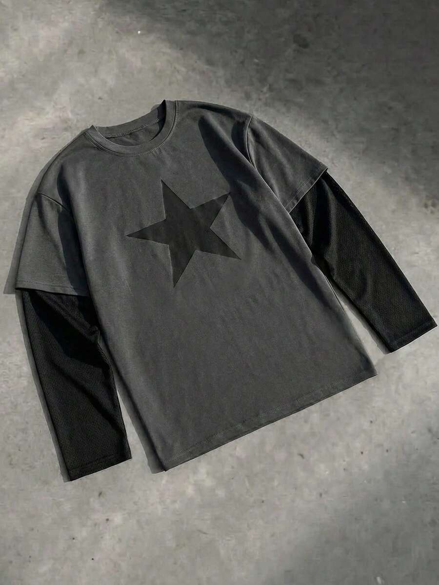 SWAVVY Men's Street Fashion Knitted Crew Neck Letter Print Long Sleeve T-Shirt - Grey - View 1