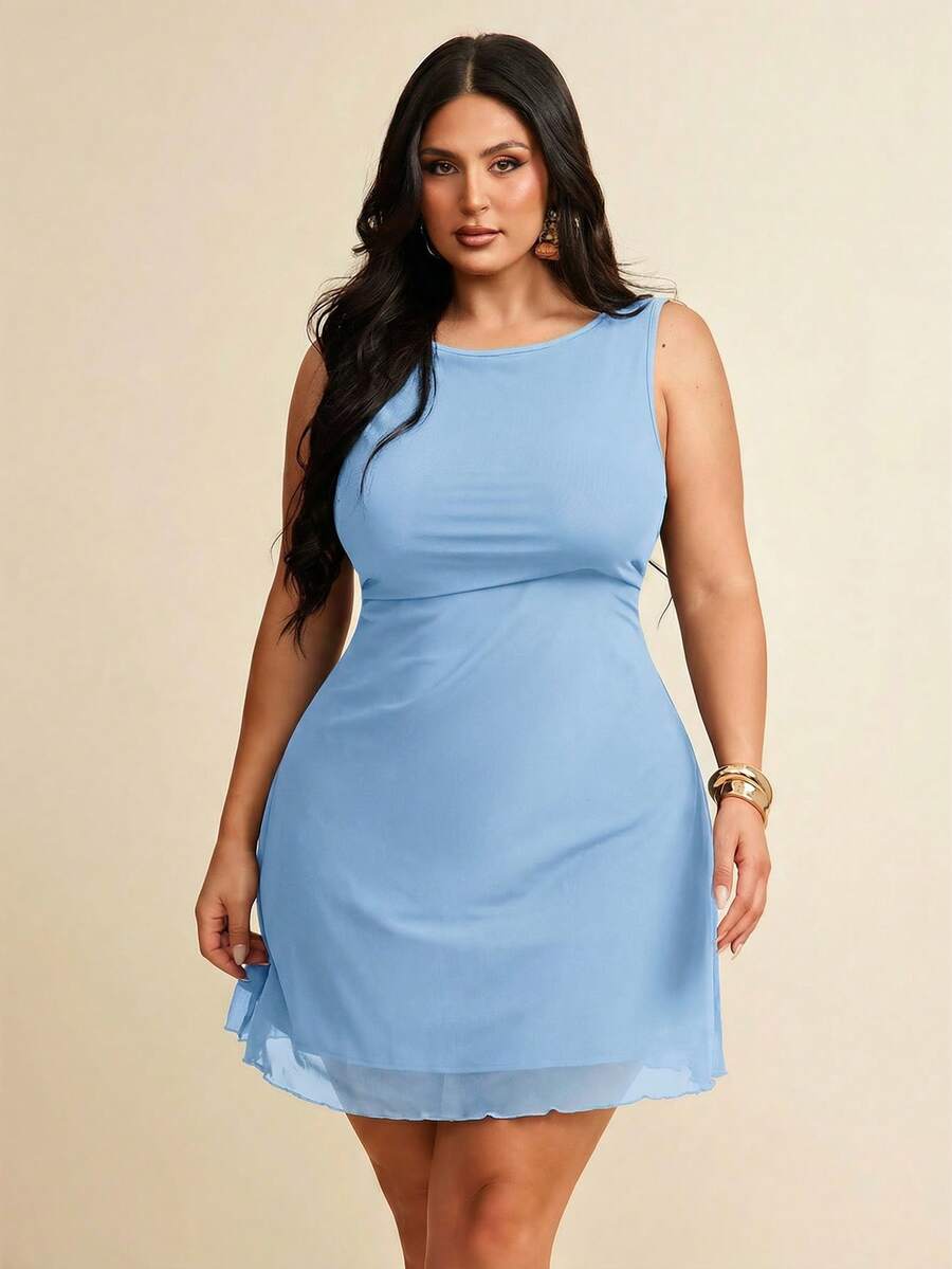 SHEIN BAE Plus Size Women Sleeveless Mesh Dress, Spring/Summer - Baby Blue - View 1