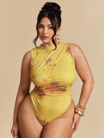 SHEIN BAE Plus Size Women Yellow Floral Print Ruffle Bodysuit,Summer Outfit For Women,Plus Size,Spring Clothes Women,Festival Outfits For Women,Beach Outfit For Women,Wedding,Graduation,Casual,Vacation/Holiday Outfits For Women,Y2k,Plus Size,Curve,Birthday Party Outfits ,Sexy ,Elegant Bodysuit For Party,Wedding Party Bodysuit,Graduation Outfit For Mother, Formal Bodysuit For Women,Going Out,Mother's Day